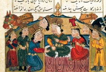 Cengiz Han, eşi Börte ile birlikte otururken. [Cengiz Han tarihini anlatan 15. yüzyılda yapılmış bir İran minyatürü.]