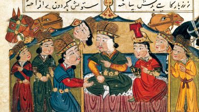 Cengiz Han esi Borte ile birlikte otururken. Cengiz Han tarihini anlatan 15. yuzyilda yapilmis bir Iran minyaturu.