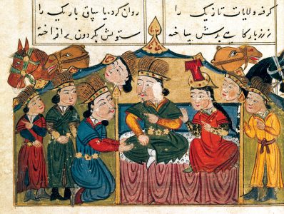 Cengiz Han esi Borte ile birlikte otururken. Cengiz Han tarihini anlatan 15. yuzyilda yapilmis bir Iran minyaturu.