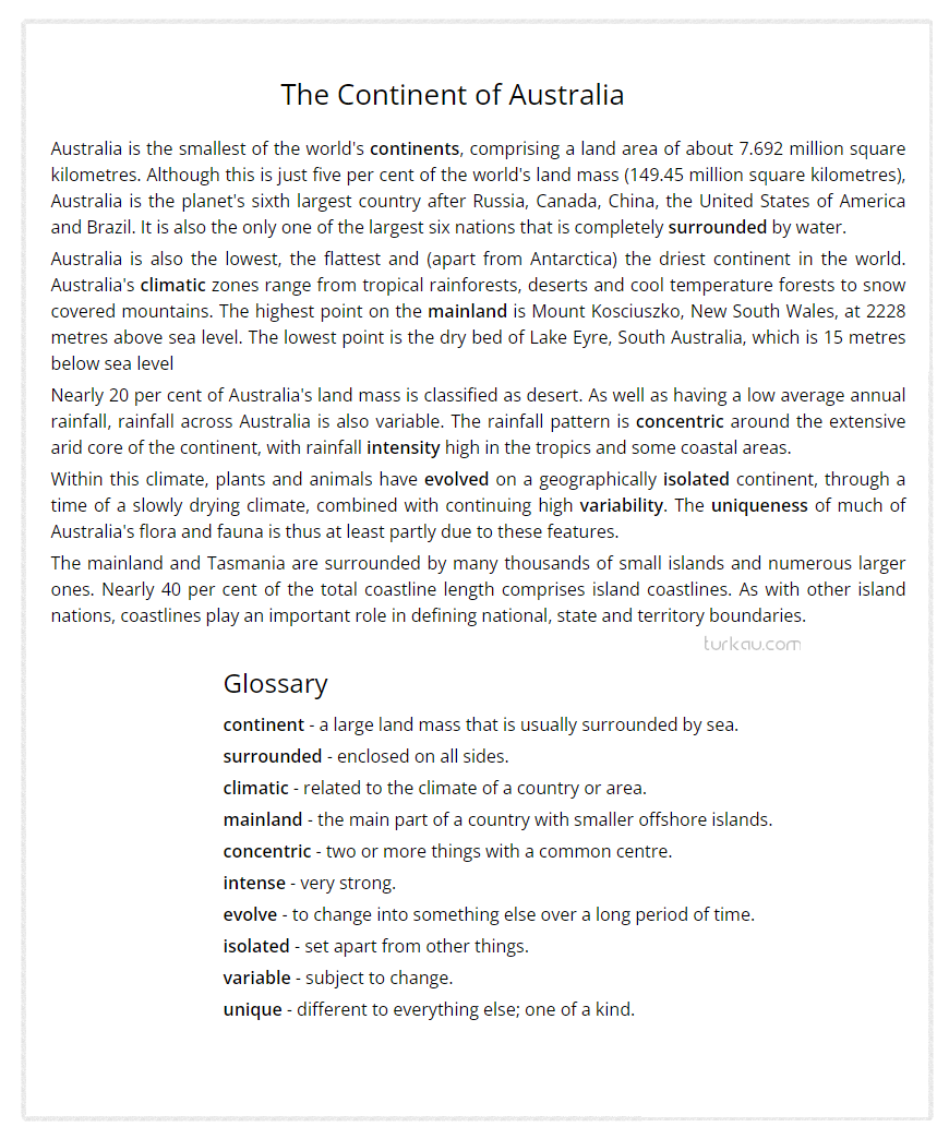 Ingilizce c1 Okuma Metinleri The Contient of Australia