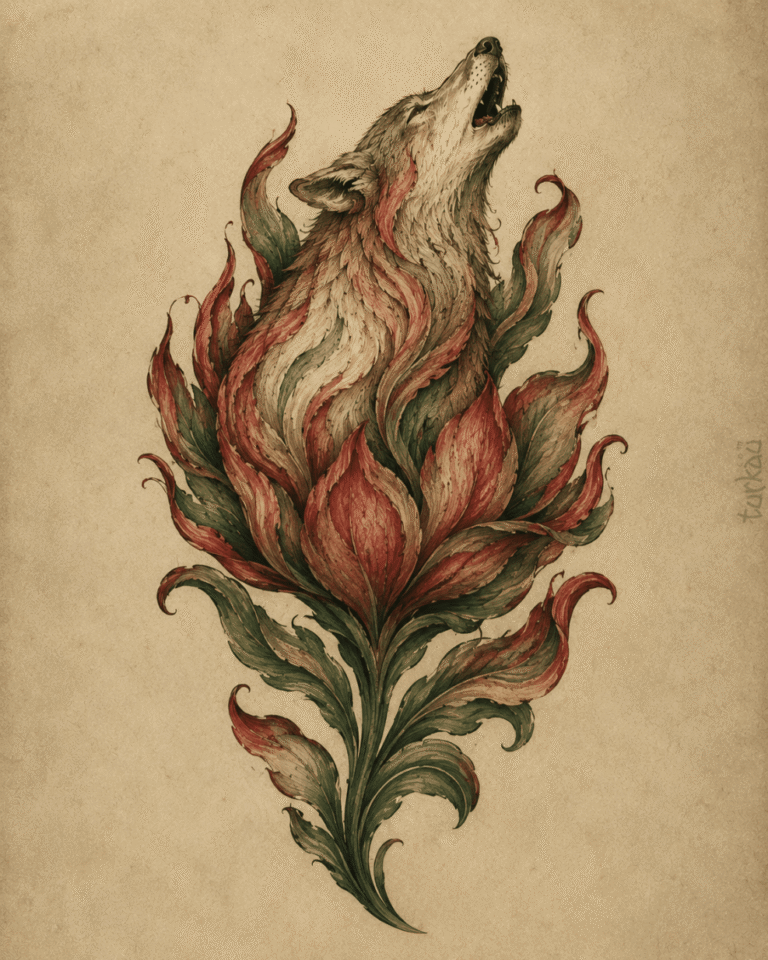 Botanik Bozkurt İllüstrasyonu Botanical Gray Wolf Illustration